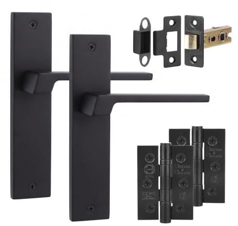 Decoranddecor Spectra Matt Black Door Handles Internal Latch & 2 Hinges | Latch & 2x 76mm Hinges Included, 64mm Fire Rated, Full Door Set, Interior Door Handles, 200x45mm Plate