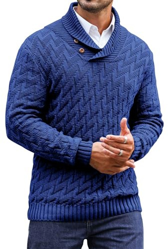 Zaitun Mens Knitted Jumper Button Turtle Neck Tops for Men Warm Long Sleeve Sweater Casual Winter Pullover Blue