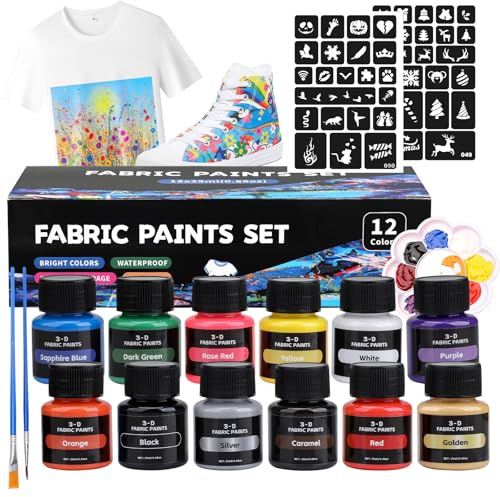Pinturas permanentes para ropa, 12 colores, pintura textil de 25 ml, para niños, lavable a máquina, pinturas textiles para ropa, camisetas, zapatos, vaqueros, bolsas, con pinceles, plantillas de