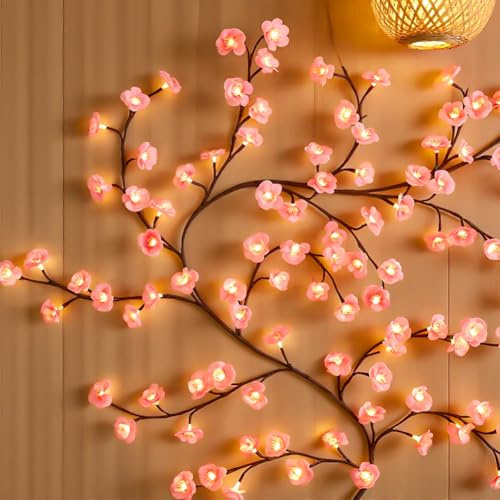 LED Kirschblüten Zweige Lichter, 1.8m 96 LEDs Kirschblüten Wand Deko mit Fernbedienung, 8 Modi Warmweiss Rattan Lichterkette Wanddeko für Schlafzimmer Wohnzimmer Wedding Raum Deko Valentinstag