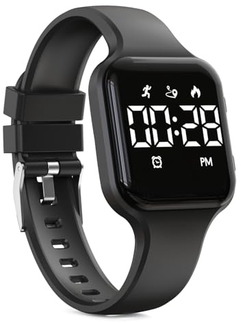 Focwony Digitale Kinderuhr, Schrittzähler, wasserdicht, Fitness-Tracker, Armbanduhr mit Schrittzähler, LED-Anzeige, Stoppuhr für Kinder, Jungen, Mädchen, Teenager (Schwarz)