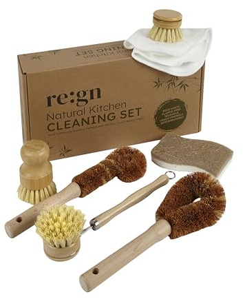 Re:gn 7-Piece Natural Kitchen Cleaning Set – Bamboo & Plant-Based Brushes, Eco-Friendly Coconut Fibre, Sisal & Cellulose Tools, Plastic-Free Dishwashing & Bottle Cleaning Kit