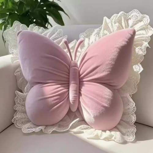 BWGHBH Butterfly Lace Throw Pillow Waist Support Cushion Backing Block Cute Stuffed Plush For Sofa Bedroom Couch Car Seat Soft Plump Headrest 19.6x17.7Inches Pink