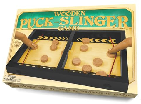 House of Marbles Wooden Puck Slinger Game, FSC-Certified Wood 2-Player Fast Sling Puck Tabletop Challenge with Elastic Launchers, 24cm Board