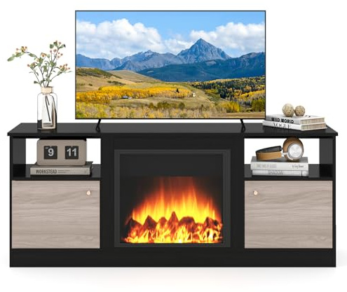 GYMAX Meuble TV avec Lumières LED, Banc Télé Jusqu'à 65 Pouces, avec Étagère Réglable, Compartiment Ouvert pour Cheminée, Armoire avec Rangement pour Television, 147 x 40 x 60 cm