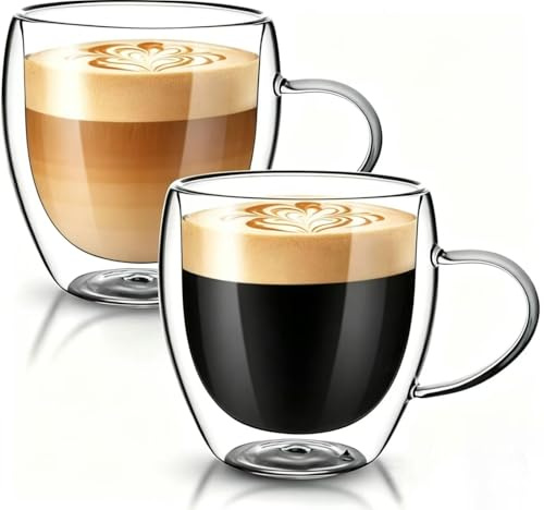 2x250ml Double Walled Insulated Glass, Cappuccino Mugs with Handles,Coffee Glass Insulated Latte Drinking Cup, Clear Glasses Mugs for Latte,Hot Drinks Tea Milk Juice Ice Cream