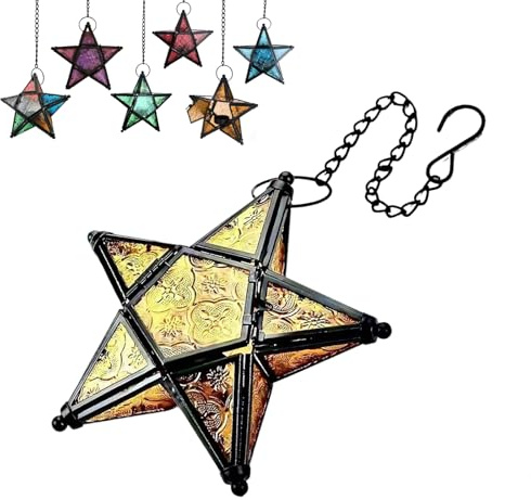Moroccan Lantern Decorative – Star Shaped Stained Glass Tea Light Lantern with Metal Frame Hanging Candle Holder for Indoor Outdoor Patio Garden, Easy Hanging (Yellow)