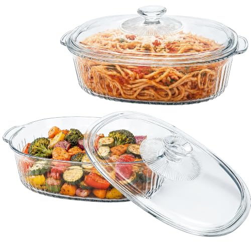 2 Pack Glass Casserole Dishes with Lid, 1.8L + 2.8L | Large Oval Baking Dishes for Oven, Clear Serving Dish with Handles Microwave Safe for Kitchen Home Restaurant Hotel