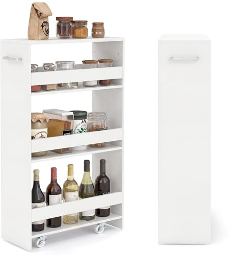COSTWAY Nischenwagen 20cm breit, 4 Etagen Küchenwagen schmal, Nischenregal auf Rollen, Servierwagen mit Griff & Geländern, Badregal Holz, für Küche, Badezimmer, 47,5 x 20 x 80,5 cm, Reines Weiß