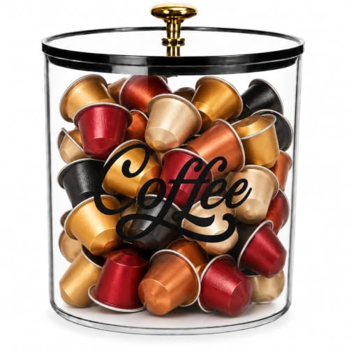 Raoletin Large Clear Coffee Pod Storage Holder Jar, Plastic Wide Mouth Coffee Capsule Holders with Black Lid and Handle, Countertop Coffee Station Accessories for Kitchen, Office and Coffee Bar