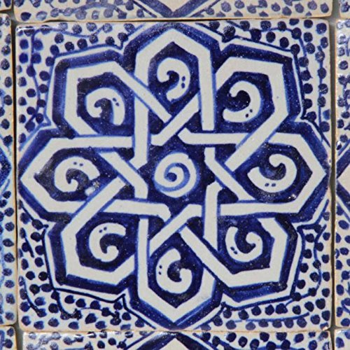 Marokkanische Keramik-Fliese Aisha 10x10 cm Blau Weiß | Handbemalte Wandfliese aus Marokko | Orientalische Fliesen FL7210