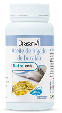 DRASANVI NUTRABASICS ACEITE DE HÍGADO DE BACALAO - Vitamina E - Rico en Ácidos grasos Omega 3 + Vitaminas A y D - SIN GLUTEN - 90 perlas
