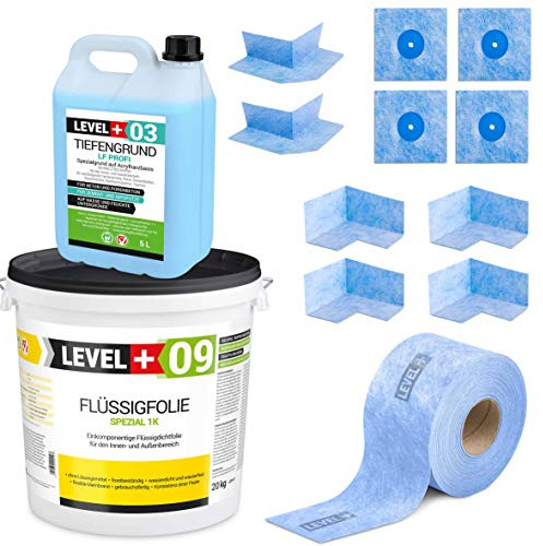 Dicht-Set 20 Kg Flüssigfolie, 4 Innenecken, 4 Wandmanschetten | 20m Dichtband, Tiefengrund 5 L Balkonabdichtung Terrasse Keller Bad SET69