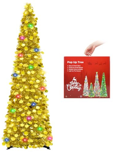 Árbol de Navidad artificial con iluminación, 150 cm, color dorado | Árbol de Navidad Pop Up con lentejuelas, decoración artificial para Navidad, suministros de fiesta, decoración del hogar