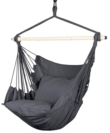 Highwild Hammock Chair Hanging Rope Swing - Max 500 Lbs - 2 Cushions Included - Steel Spreader Bar with Anti-Slip Rings - for Any Indoor or Outdoor Spaces (Grey)