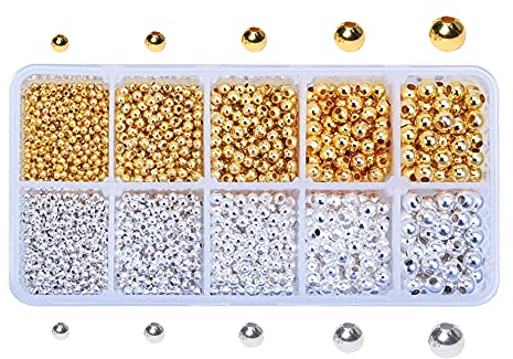 Gotetiso 2340 Stück Metallperlen ​Runde Messing Spacer Perlen Distanzperlen Zwischenperlen Runde Abstandsperlen Perlen zum Auffädeln Gold Perlen Silber Distanzperlen Set für DIY