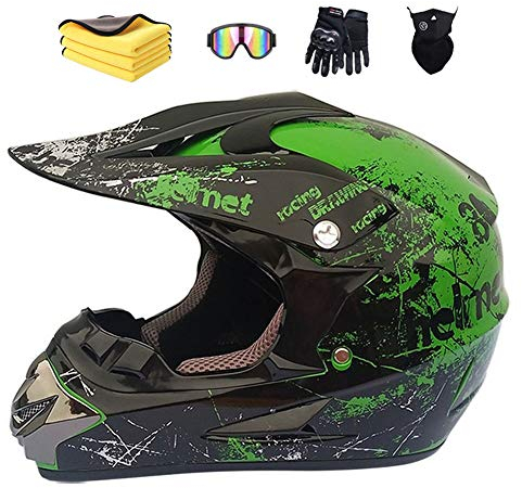 Ruiqieor Motorradhelm Kinder Cross Helme Sturzhelm Helm für Motorrad Kinderquad und Crossbike ATV Helm mit Handschuhe Maske Brille,Grün S:52-56cm