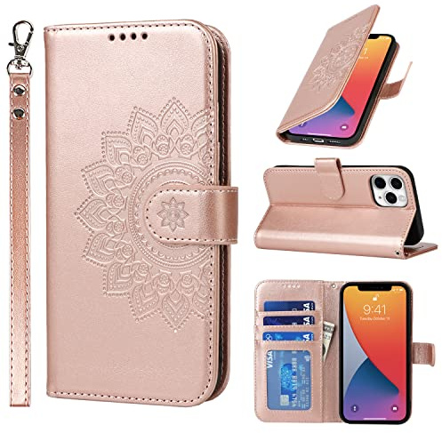 ELTEKER Handyhülle iPhone 11 Pro, Hülle iPhone 11 Pro Klapphülle, [3 Kartenfächer] [Magnet Verschluss] Leder Eleganter Prägung Schutzhülle Ledertasche Handyhülle für iPhone 11 Pro, Roségold
