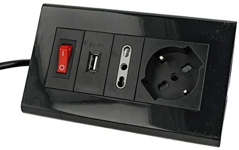 Multipresa da Scrivania, Ciabatta Multipresa USB da Tavolo, 1 Presa Schuko + 1 Presa Bipasso 10/16A + 1 Presa USB 5V 2.1A (Black)