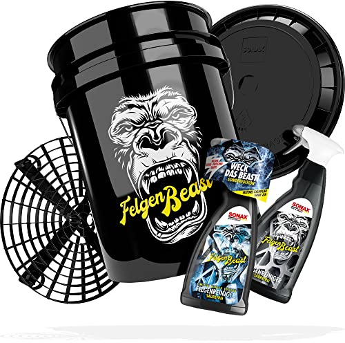 SONAX Auto Felgenreinigung Bundle | Auto Reinigungsset - Wascheimer Felgenbeast mit Deckel + Grit Guard Eimereinsatz | 2X Felgenbeast Felgenreiniger 1 Liter