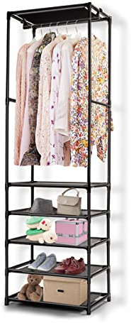 XJYMCOM Clothe Rail Clothing Rack Heavy Duty 177*55*36cm Freestanding Garment Rack with 5-Tier Storage Shelves Shoe Rack Wardrobe Display Stand Closet Organizer for Bedroom Black