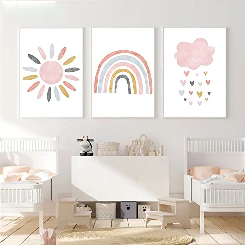 3 Leinwanddrucke Baby Zimmer Deko Bilder Regen Sonne Regenbogen Rose Poster Boho Kinderzimmer Babyzimmer Wanddekoration Kunstdrucke Kind 30 x 40 cm ohne Rahmen