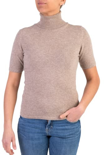 Marenza Collo Alto Donna Manica Corta Misto Cashmere Seta Made in Italy Maglione Pullover Maglia Mezza Manica Lana Merino Cachemire Maglioncino Beige Grigio Regalo Abbigliamento (Beige, M)