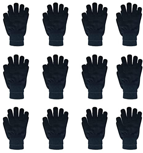 DALEDWN 12 Pairs Black Winter Magic Gloves: Unisex Adult Stretchy Warm Knit Full Fingers Gloves for Teens Men Women
