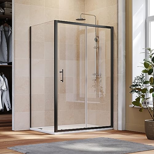 ELEGANT 1000x700mm Black Sliding Shower Enclosure 6mm Tempered Glass Shower Cubicle Door + Side Panel