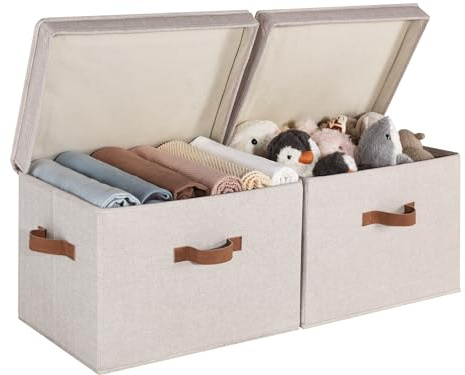 StorageWorks Clothes Storage Boxes with Lids, Extra Large Storage Box With Lid, Decorative Fabric Baskets with Handles for Wardrobe Top Storage Organising Clothes, Brown and Beige, 2-Pack