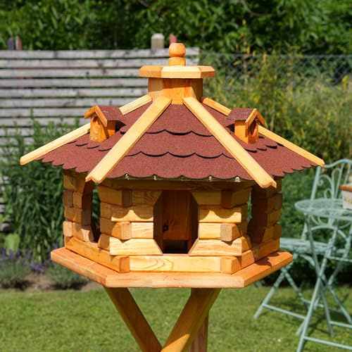 Deko-Shop-Hannusch Vogelhaus wahlweise mit Ständer und Solarbeleuchtung, Verschiedene Größen L - XXL, Futtersilo, wetterfestes Bitumendach (Größe Standard L, rot)