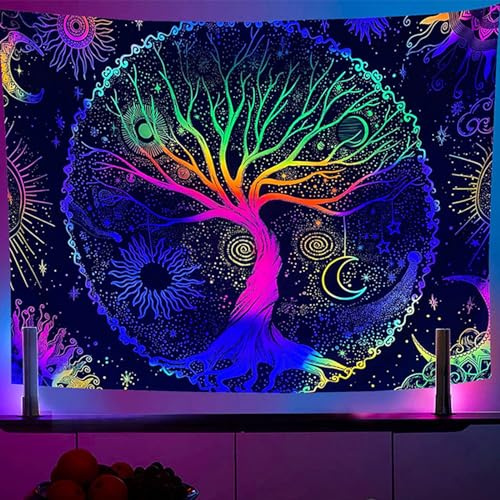 Tokusyou Baum des Lebens Wandteppich Schwarzlicht UV Reaktive Mond und Sonne Wandbehang Mandala Stern Tapisserie Psychedelic Aesthetic Wandtuch Dekoration für Schlafzimmer Wohnzimmer, 150x210cm