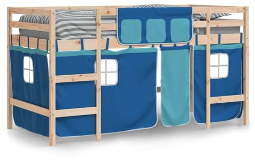 vidaXL Kinderhochbett, Hochbett mit Leiter Vorhängen, Spielbett Bett für Kinder ab 6 Jahren, Kinderbett Etagenbett Stockbett, Blau 90x190cm Massivholz Kiefer