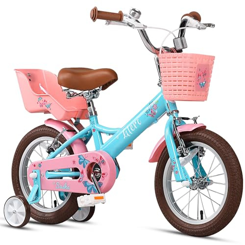 Glerc Sasha 16 tums barncykel för 4, 5- och 6- och 7-åriga flickor i retrovintagestil cyklar med dockcykelsäte och stödhjul och blå stativ