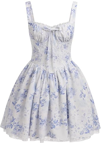 OBEEII Women's Floral Corset Mini Dress Square Neck Sleeveless Spaghetti Strap Summer Boho Sundress Floral Print Lace Up Fitted Dress