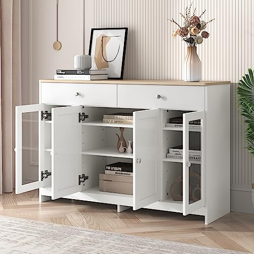 Lexiou Sideboard mit weißer Holzmaserung, Vier Türen, mit Zwei Schubladen, Tür mit Glas. Wohnzimmer, Esszimmer