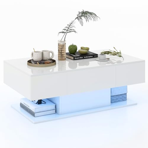 COSTWAY Tavolino da Caffè Moderno, Tavolino a 2 Piani con 20 Luci LED a Colori, 2 Cassetti Portaoggetti e Finitura Lucida, Tavolino Rettangolare per Salotto, Studio e Camera da Letto (Bianco)