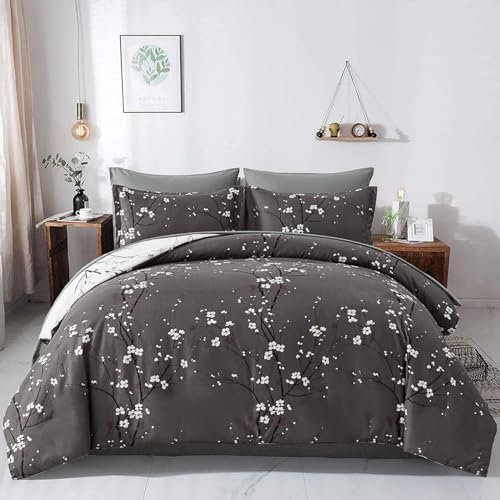 Tospass Floral Bettwäsche 135x200cm Dunkelgrau Anthrazit Blumen Pflanzen Blätter Bettwaren-Sets Mädchen Blumenmuster Bettbezug Mikrofaser Deckenbezug mit Reißverschluss 1 Kissenbezug 80x80cm