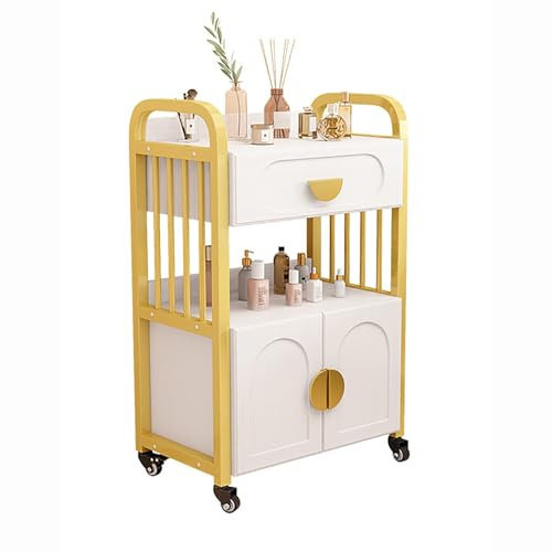 Rollwagen mit Schubladen Kosmetikwagen Tattoo Wagen Friseurwagen Aufbewahrungswagen Weiß Trolley Cart Friseur Wagen mit Rollen(Gold)