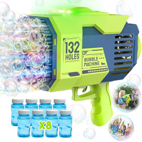 Aooess 132 Löcher Seifenblasenpistole LED mit 8 Flüssigkeiten Spielzeug für Kinder 3-8 Jahre Geschenke Hochzeit (Grün)