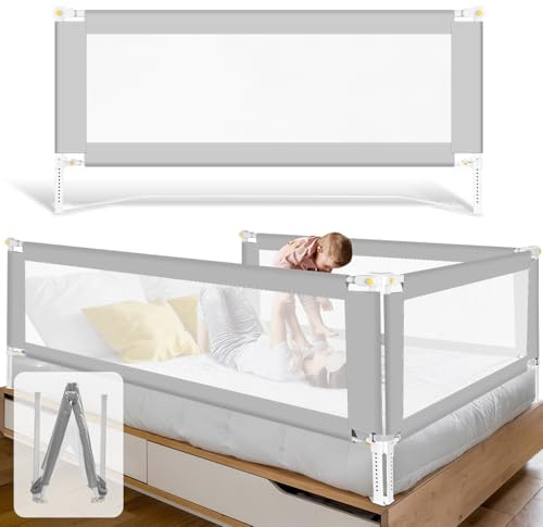 Fiqops Barrera de cama con protección contra caídas 200CMx2+150CMx1 Plegable con base en U, barrera de cama ajustable en altura 68-95cm para camas infantiles y de matrimonio, gris