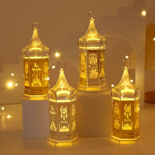 wokdsbl 4PCS Mini Ramadan Lanterns for Home, Eid Mubarak Decorations, Hanging Lanterns for Table, LED Candle Lamp for Ramadan Decorations, Indoor & Garden Lantern Lights