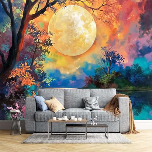 Ölgemälde Wald Fototapete - Mondschein, See - Größe 260X175Cm (Breite X Höhe) Wandtapete Tapete, Wandbild Wandtattoo Dekoration - Tapete, Kinderzimmer, Kindertapete