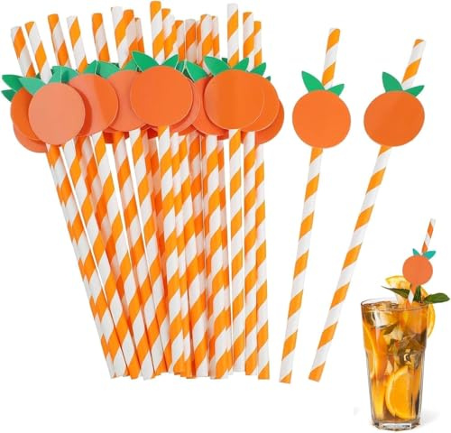 GIUSOBG Pajitas de Rayas Naranjas y Blancas 50 Pajitas Biodegradables Papel Biodegradables Kraft para Bebidas Zumo Cócteles Fiestas Bares Restaurantes Fiestas Decoraciones Cumpleaños Bodas