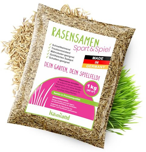 halmland® Rasensamen schnellkeimend 1kg für 40m² - strapazierfähiger Sport-und Spielrasen - Grassamen trockenresistent Herbst - aus Deutschland - Nachsaat, Rasensaat