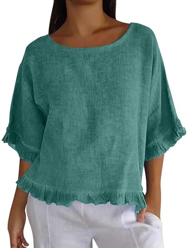 Camisas de lino para mujer, estilo casual, manga 3/4 con volantes, cuello barco, blusas básicas de moda, verde, M