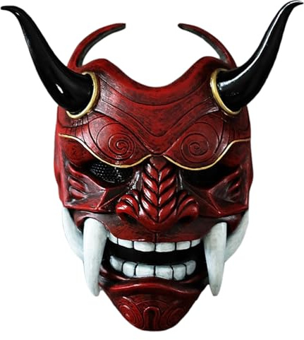 Huraoerrrr Masque hannya japonais, masque fantôme samurai en latex avec des cornes de et un groupe élastique effrayant Halloween Cosplay, rouge