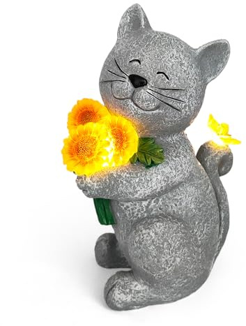 Tuzsocr Katze Deko Gartenfiguren mit Solar Sonnenblume,Katze Gartenstatuen mit Schmetterling Lampe,Lustig Katze Geschenke für Frauen Mama,Wetterfest Harzskulptur Tierstatuen für Draußen,Rasen,Terrasse