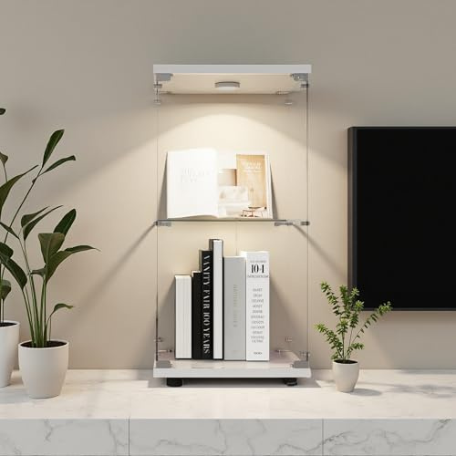 SUNFECILI Vitrine,Glasvitrine Standvitrine,1 Tür,Glasvitrine mit Schloss für Sammlerstücke,Bücher und Wein,Ideal für Wohnzimmer und Büro (Weiß, 2 Strati+LED)