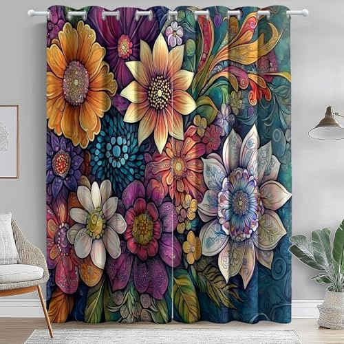 Blackout Curtains for Bedroom, Retro Abstract Flowers Texture Printed - Pencil Pleat Blackout Living Room Curtains - Color Super Soft Thermal Insulated Curtain 30 x 65 Inch(2 Panels)